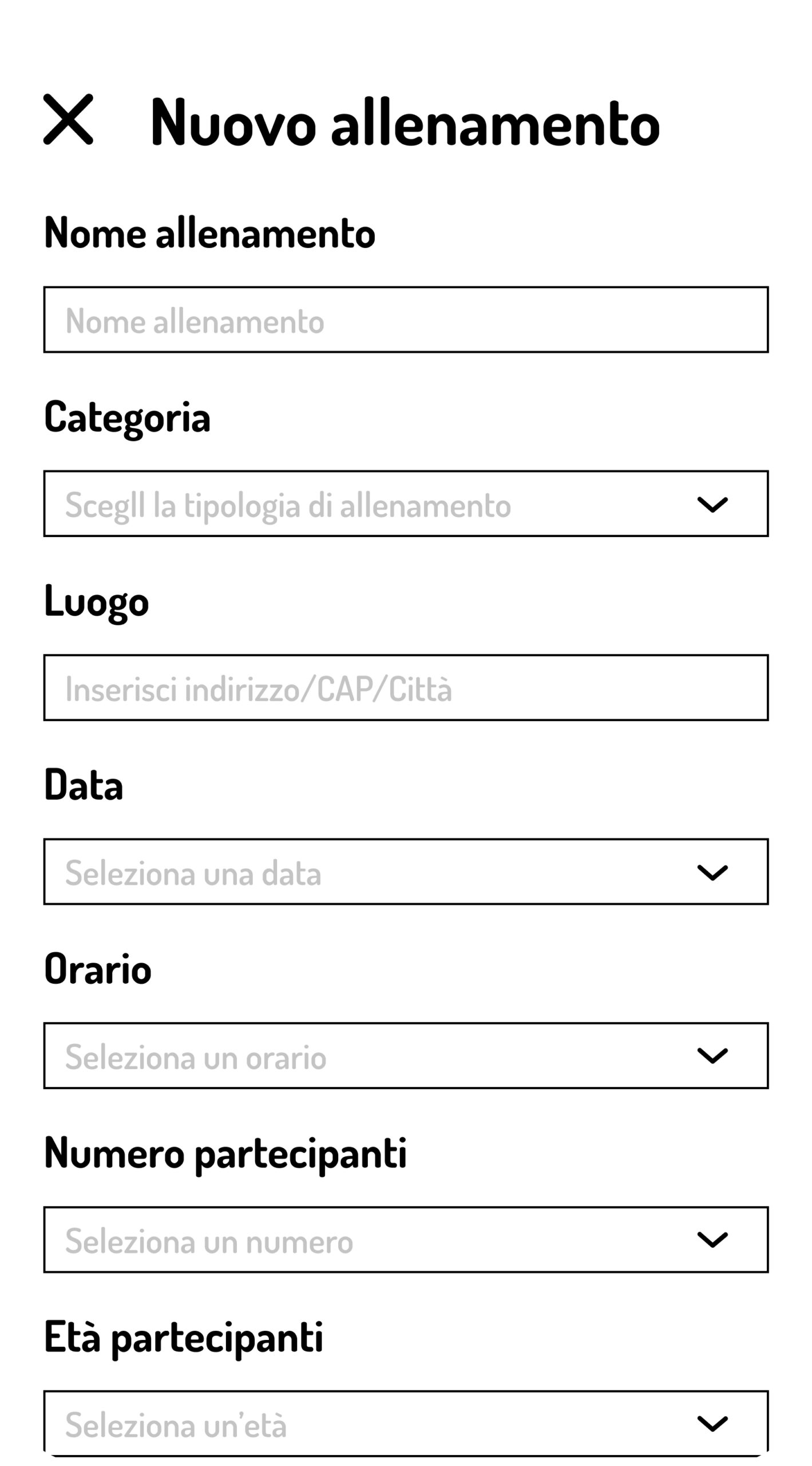 Wireframe Nuovo allenamento